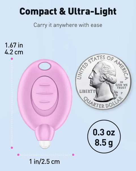 Purple LED keychain flashlight from 5 Pack LED Keychain Flashlights, 12 Lumen Mini Pocket Lights For Outdoor Work Camping And Hiking next to a quarter for size comparison.