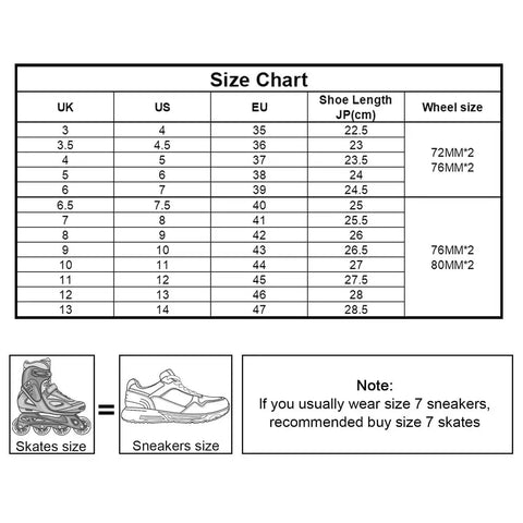 Size chart for Men Inline Skates With Light Up Four Wheels, Adjustable Roller Blades For Adults, Women And Kids.