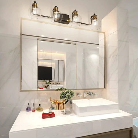 Upgrade Your Bathroom Vanity With Industrial Four Light Fixture In Vintage Black And Brass Finish With Clear Glass Globes