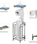 Two Pack Free Standing Toilet Paper Holder Rack With Black Metal Dispenser Shelf Holds Four Rolls Bathroom Organizer Stand For Easy Access In Any Restroom Durable Storage Game Changing Home Convenience showing details of metal shelf, towel holder, and base.
