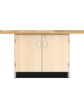 Front view of Built Tough Hardwood Workbench 64x54 with maple top and dual cabinets for garage storage.