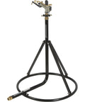 Heavy Duty Tripod Sprinkler with round base and brass head, three nozzles, delivers 120 ft coverage, 11,000 sq ft, easy setup