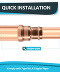 Close-up of a press fit copper pipe showcasing quick installation feature, part of the 5 Pack Press Fit Copper XL Coupling Reducer Set.
