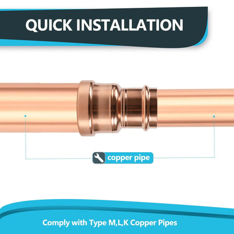 Close-up of a press fit copper pipe showcasing quick installation feature, part of the 5 Pack Press Fit Copper XL Coupling Reducer Set.
