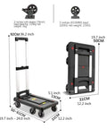 Heavy Duty Folding Push Cart And Portable Platform Wagon With Retractable Grip Handle For No Sweat Hauling Grocery Bags Toolboxes And Outdoor Gear In Black dimensions showing side and folded view.
