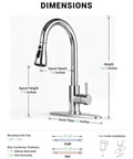 Jlerli Pull-Down Kitchen Faucet, High Arc, Brushed Nickel, 3-Modes Sprayer with dimensions and specifications shown.