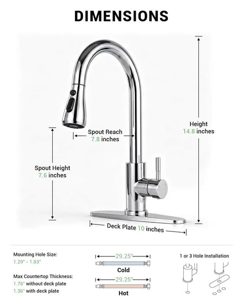 Jlerli Pull-Down Kitchen Faucet, High Arc, Brushed Nickel, 3-Modes Sprayer with dimensions and specifications shown.