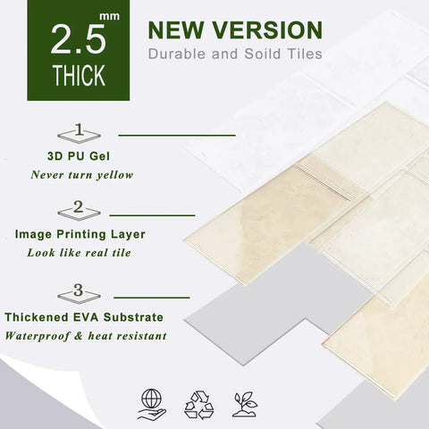 Thick Peel And Stick Backsplash Tiles In Beige Marble Look For Kitchen And Bath Self Adhesive Vinyl Wall Tiles 10 Sheet Pack With Extra Coverage And Two To Two And A Half Millimeters Thick DIY Friendly No Mess Quick Install cross-section showing layers