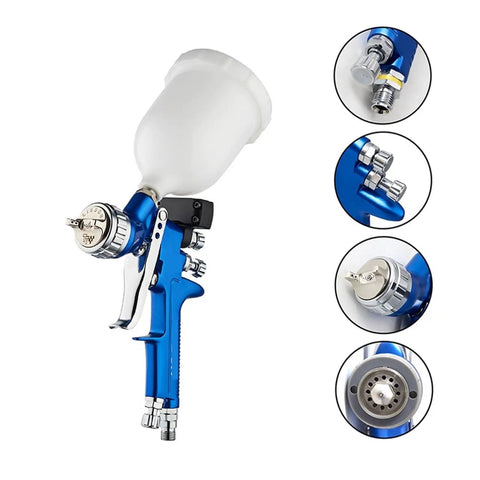 Game Changer Digital Display Paint Sprayer With Smart Flow Knobs And Crisp Fine Mist Finish, featuring blue handle and white cup.