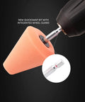 Close-up of one orange cone from Five Piece Pro Grade Car Polishing Cone Kit For Your Drill, Buffing Sponges And Polishing Ball attached to drill.