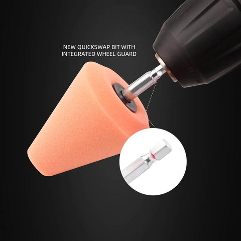 Close-up of one orange cone from Five Piece Pro Grade Car Polishing Cone Kit For Your Drill, Buffing Sponges And Polishing Ball attached to drill.