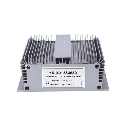 No Sweat Installation 12 To 58 Point 4 Volt Dc Dc Step Up Boost Converter Module with heatsink and label for input and output.
