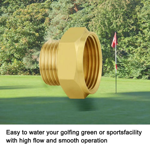 Brass garden hose adapter, side view, 1" NPSH female x 3/4" GHT male.