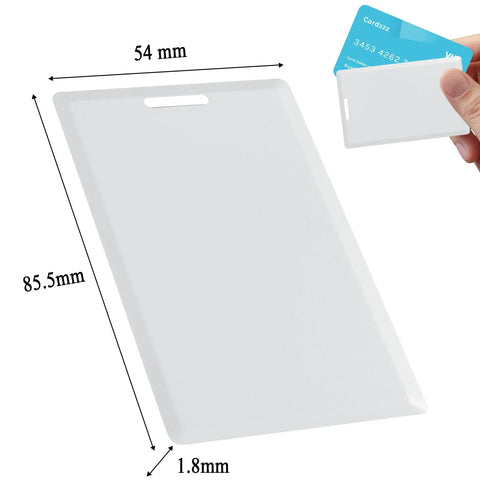 12 Pack T5577 125kHz Proximity Cards Rewritable Clamshell For Easy Access Control shown with dimensions and hand holding card