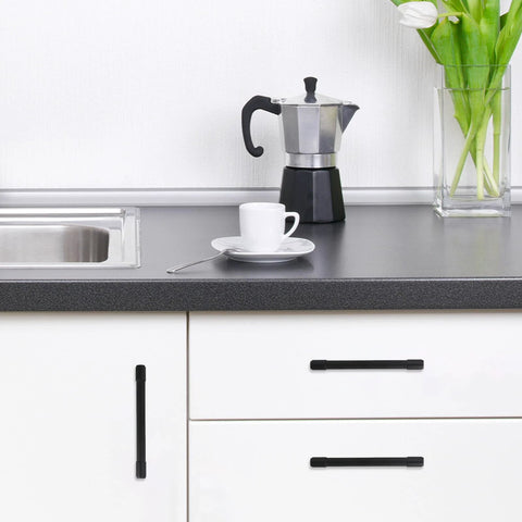 10 Pack 5 Inch Matte Black Cabinet Handles For Kitchen Cabinets And Drawers Alloy Drawer Pulls installed on white cabinets