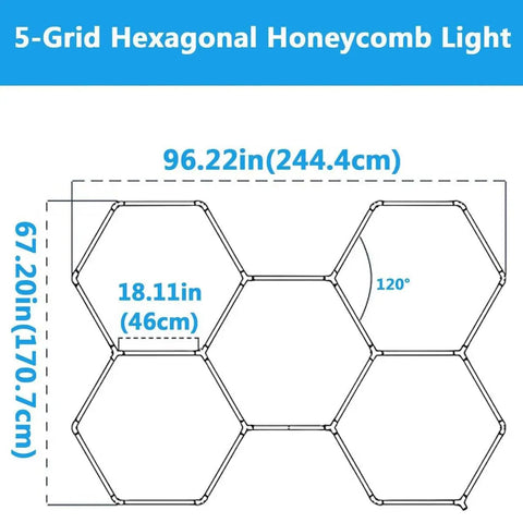 Diagram of the Hexagon Garage LED Light 168W Honeycomb Ceiling Panel 6500K RGB 20736LM Super Bright Five Grid Hex Light