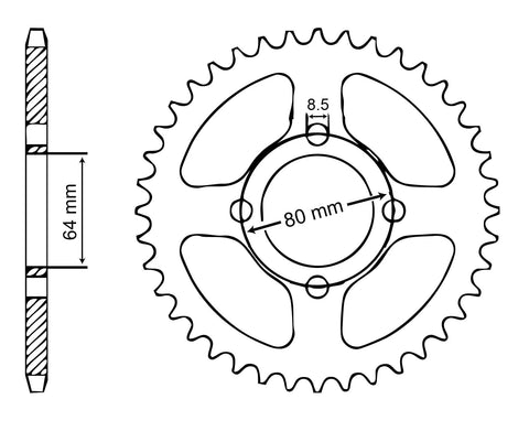 Complete 420 Chain And Sprocket Kit For Yamaha PW80 Zinger 1991 To 2011 rear sprocket diagram with measurements