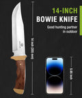 14 Inch Bowie Knife With Wood Handle For Hunting And Outdoor Use Razor Sharp Clip Point Blade In 3CR13 Steel next to a smartphone