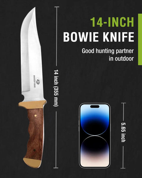 14 Inch Bowie Knife With Wood Handle For Hunting And Outdoor Use Razor Sharp Clip Point Blade In 3CR13 Steel next to a smartphone