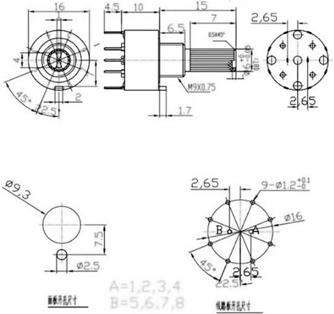 Technical diagram of a 16mm Rotary Encoder Switch Kit Ten Pack SR16 Style Dual Pole With Three Four Position Options.
