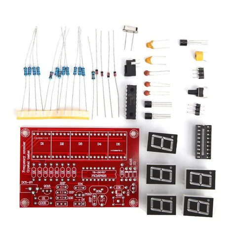 DIY Crystal Oscillator Frequency Counter Tester Kit 1Hz to 50MHz with Five Digit Red Display parts laid out