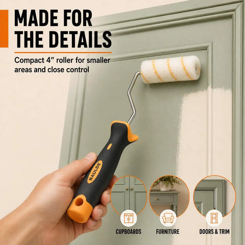 Top Shelf DIY Home Improvement Paint Roller Kit With Wired Cage Trays Sturdy Angled Brushes Nine And Four Inch Rollers Heavy Duty Masking Tape And Mixing Wand For Buttery Smooth Walls, close-up of 4 inch roller applying paint.