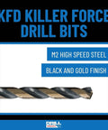 Drill bit set, front view: Drill America KFD29J-PC 29-piece high-speed steel bits with black/gold finish round case