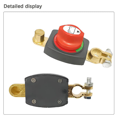 Built Tough Top Post Battery Disconnect Switch For 12V And 48V Trucks Waterproof Auto Marine Power Isolator with red and green knobs.