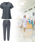 Gray Women Scrub Set For Nurses And Spa Pros, Top And Jogger Pants Workwear in healthcare setting