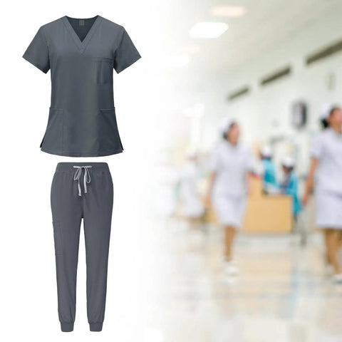 Womens Nurse Scrub Set With Machine Washable Top And Jogger Pants For Spa Beauty Clinics Gray Size M Easy Care Durable Comfortable