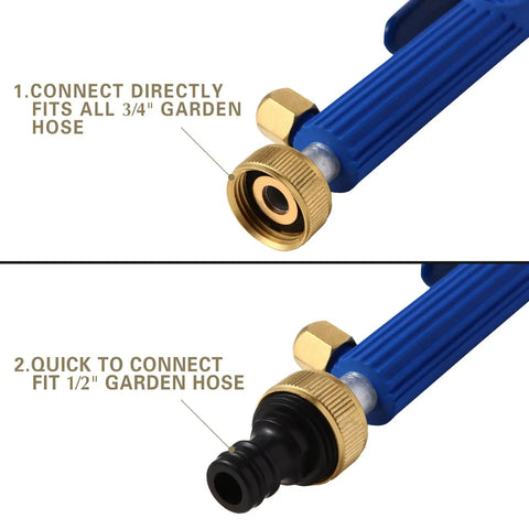 Connection details of High Pressure Power Washer Wand With Hydro Jet Spray, showing 3/4" and 1/2" hose compatibility