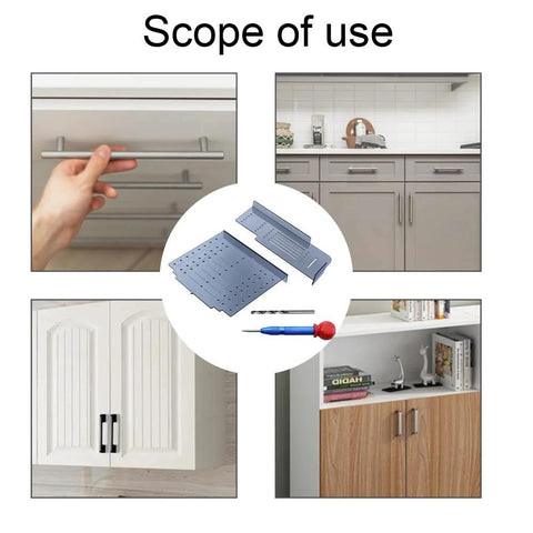 Silver Cabinet Handle Template Tool for Quick Marking and Drilling of Cabinet Knobs and Pulls in Use on Various Cabinets