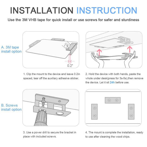 Under Desk Laptop Mount With Adhesive And Screws Aluminum Shelf Holder installation instructions showing tape and screws options.