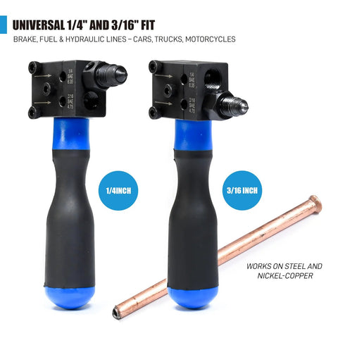SMOTIVEPRO brake line flaring tool set, 7-piece; blue-handled dual flare heads for 1/4 in and 3/16 in SAE