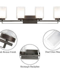Four Light Dark Bronze Vanity Light With Dual Glass Shades, hardwired bathroom wall mount, transitional farmhouse style sconce