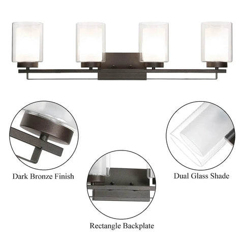 Four Light Dark Bronze Vanity Light With Dual Glass Shades, hardwired bathroom wall mount, transitional farmhouse style sconce