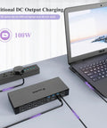 Pro Level Usb C Docking Station Packing 20 Ports With Quad Monitor Support connected to a laptop for charging and data transfer.