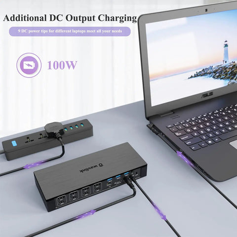 Pro Level Usb C Docking Station Packing 20 Ports With Quad Monitor Support connected to a laptop for charging and data transfer.