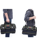 17 Inch Tool Bag For Men With Wide Mouth And Waterproof Molded Base being carried by a man with padded handle and shoulder strap