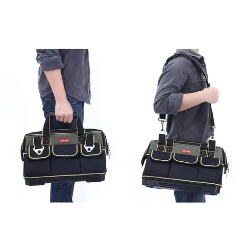 17 Inch Tool Bag For Men With Wide Mouth And Waterproof Molded Base being carried by a man with padded handle and shoulder strap