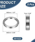 5 Pack 6810ZZ Deep Groove Ball Bearings 50 x 65 x 7mm Chrome Steel Double Shield ABEC 5, front and side view dimensions