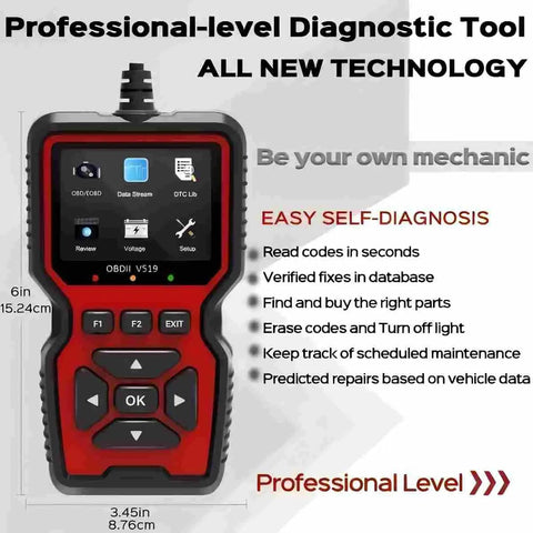 Go To All In One OBD2 Car Code Reader And Diagnostic Tool with display showing functions and red black exterior design.