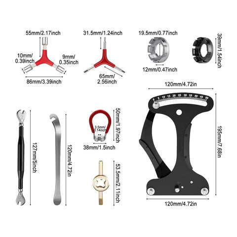 12 Piece Bicycle Spoke Tool Set With Tension Meter And Aluminum Alloy Wrenches, includes spoke wrench, valve core tool.