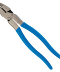 High Leverage Linesman Pliers 9 1/2 Inch with round nose and blue handles for precise bends and easy wire cutting.