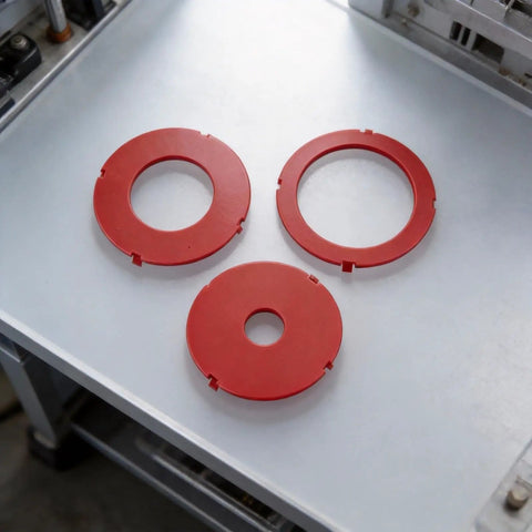 Heavy Duty Insertion Ring Set Crafted For RA1171 RA1180 RA1181 Router Tables showing red plastic rings on a flat surface.