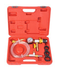 Universal Engine Cooling System Vacuum Purge And Refill Kit Set with pressure gauge, hoses, and fittings in a red storage case.