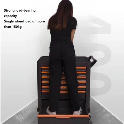 Person standing on 7 Drawer Rolling Tool Cart With Lock Heavy Duty Steel Tool Organizer On Wheels For Garage Workshop Or Warehouse