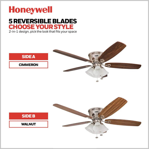 Glen Alden 52 Inch Classic Dope Flush Mount Indoor LED Ceiling Fan with 5 reversible blades, Cimmeron and Walnut, brushed nickel