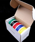 Five Pack 26Ft Copper Hookup Wire Kit 24 AWG Solid Core Jumper Wires Tinned Copper Color Coded For Breadboarding And DIY Electronics Projects Great For Low Voltage Wiring open box with wires