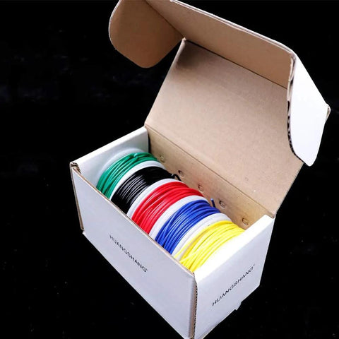 Five Pack 26Ft Copper Hookup Wire Kit 24 AWG Solid Core Jumper Wires Tinned Copper Color Coded For Breadboarding And DIY Electronics Projects Great For Low Voltage Wiring open box with wires